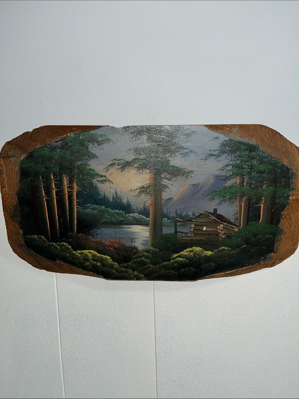 Hand painted wood cabin scene (Joe Breckenridge) possibly wall decor